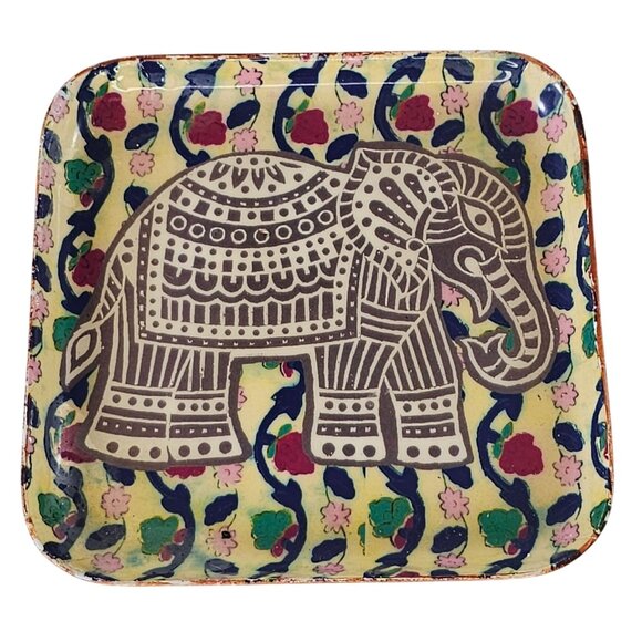 Hand-Painted Square Metal Trinket Dish With Elephant Design & Floral Pattern - Picture 1 of 9